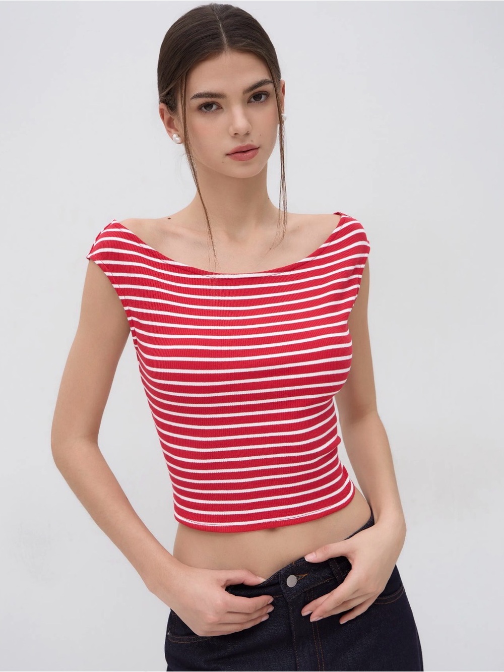 NWT Cider Striped Red & White Boatneck Ribbed Crop Top - size L